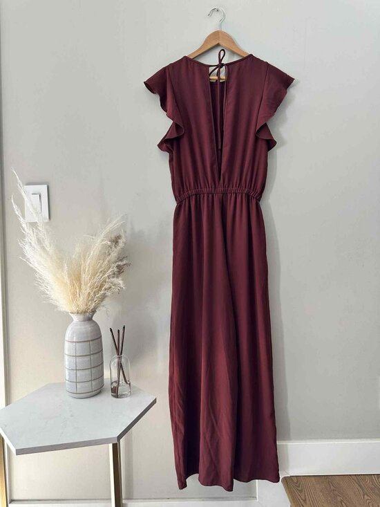 Wilfred Fleurette Cropped Wide Leg Ruffle Sleeve Jumpsuit – Wine, Size Medium - Picture 4 of 6